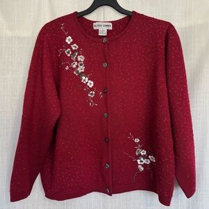 Vintage Alfred Dunner Burgundy Embroidered White Flower Cardigan Sweater